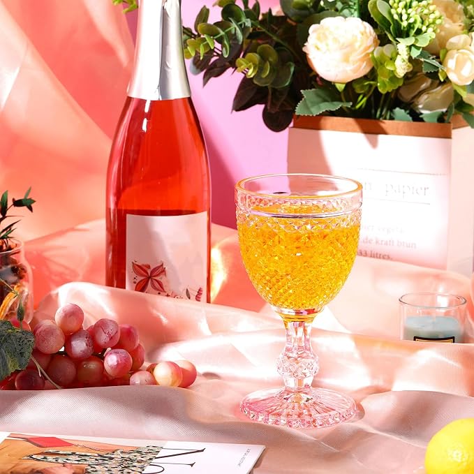 Bokon 12 Pack Pink Glass Goblets Set 10 oz High Clear Wine Glass Vintage Water Goblets Cups Embossed Diamond Design Glassware with Stem for Drinking Juice Liquor Party Wedding Bar - Image 4