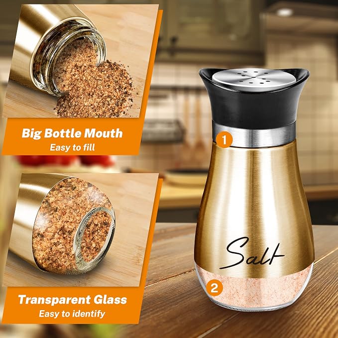 Salt and Pepper Shakers - 4 oz Copper Glass Set with Stainless Steel Lids | Refillable Glass Shakers with Stainless Steel Lids for Cooking, Dining, RV Trips, Camping and BBQs; 4 oz Capacity Each. - Image 3