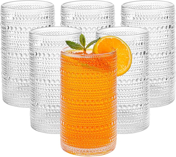 Large Vintage Hobnail Drinking Glasses Set of 6, 16oz Clear Highball Glasses Cups, Kitchen Water Glasses Cup, for Cocktail, Juice, Whiskey, Milk and Various Mixed Drinks by HEFBCOMK