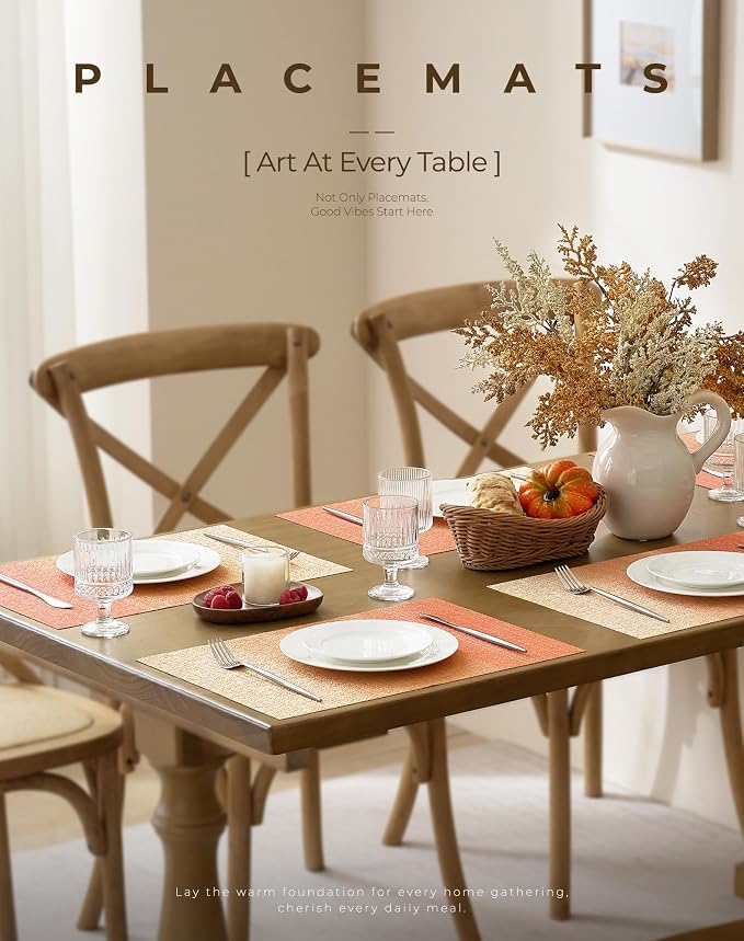 Leetaltree Gradient Burnt Orange Woven Placemats Set of 24 - Heat Resistant Non-Slip Fall Place Mats for Dining Table, Washable Durable PVC Vinyl Woven Table Mats(Gradient Orange-red, 24) - Image 2