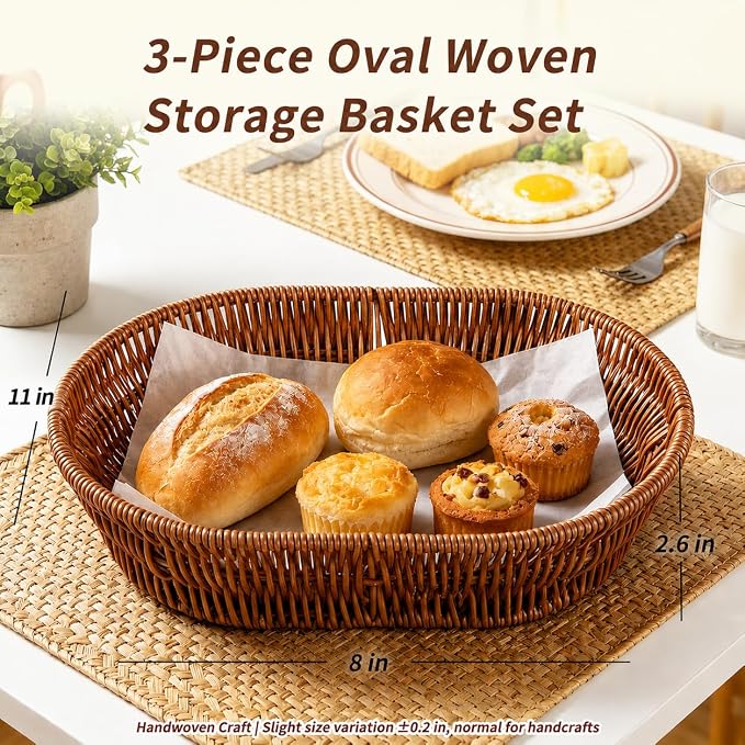 Set of 3 Oval Imitation Rattan Storage Baskets, Dark Brown, 11 x 8 x 2.6 in | Washable PP/PE shallow organizer bins with metal frame for kitchen counter, pantry, tabletop, fruit, bread, snacks and gifts. - Image 2