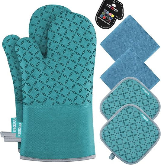 KEGOUU Oven Mitts and Pot Holders 6pcs Set, Kitchen Oven Glove High Heat Resistant 500 Degree Extra Long Oven Mitts and Potholder with Non-Slip Silicone Surface for Cooking (Lake Blue) by KEGOUUOvenMitt