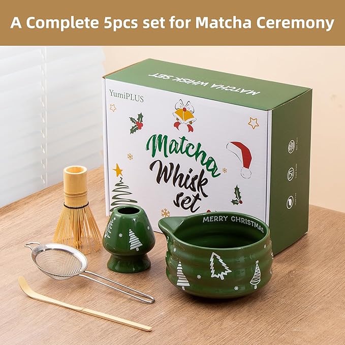 5pcs Premium Matcha Set,Ceramic Bowl with Spout and Bamboo Whisk set, Ceremonical Matcha Kit for holiday,Tea Starter Making Kit,Christmas Matcha Gift set (Christmas Tree)