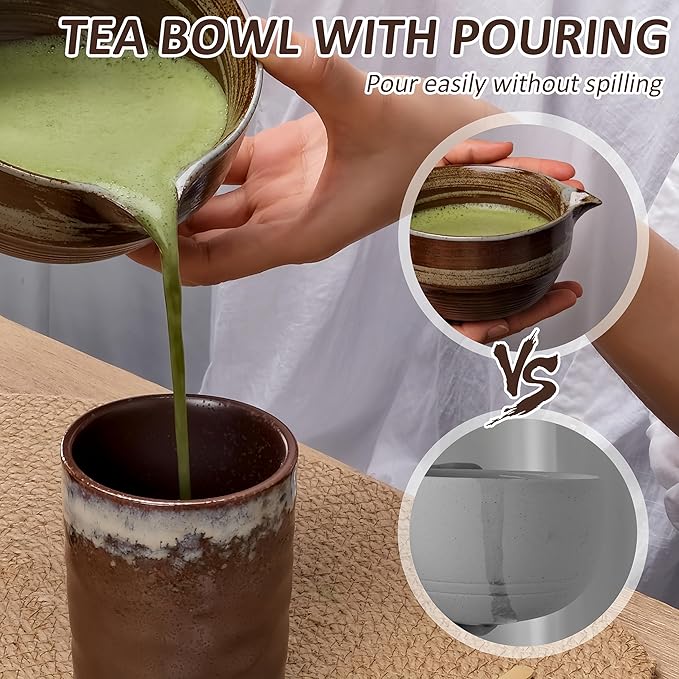 Joyscale Matcha Whisk Set, Matcha Set Whisk And Bowl, 8 Pcs Matcha Kit Set(Retro Design), 16 OZ, Japanese Matcha Tea Set, Matcha Making Kit Gifts for Tea Lovers(Brown)