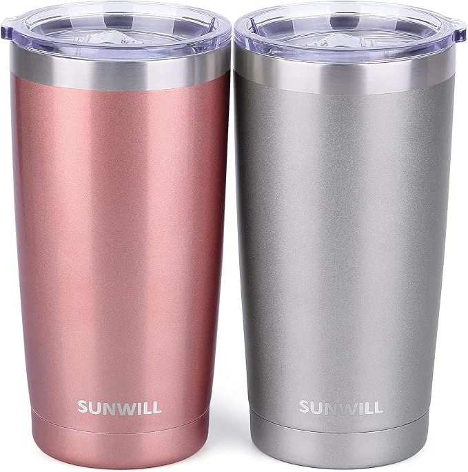 SUNWILL Travel Coffee Mug Set of 2, 20 oz Tumbler with Lid, Insulated Stainless Steel Cup for Water, Tea, Ice, Rose Gold & Cool Grey by SUNWILL