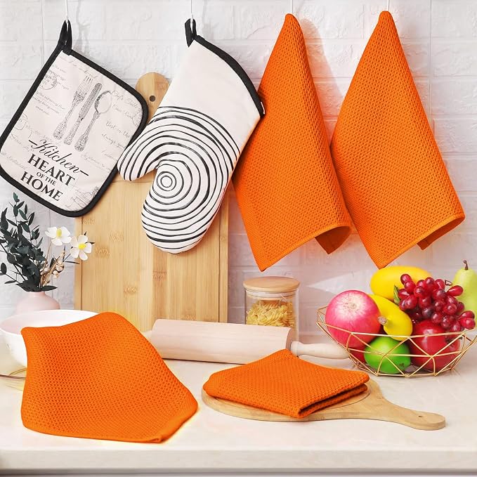 Homaxy 100% Cotton Waffle Weave Kitchen Dish Cloths 6-Pack, Orange | 12 x 12 Inches, Ultra Soft Absorbent Dish Towels, Quick Drying Dish Rags with Hanging Loop - Image 6
