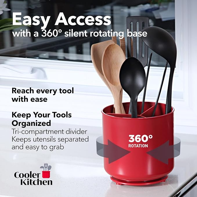 Extra Large Rotating Red Utensil Holder with Sturdy No-Tip Weighted Base, Removable Divider, and Gripped Insert | Rust Proof and Dishwasher Safe Kitchen Utensils Holder by Cooler Kitchen 7*7 Inches - Image 2