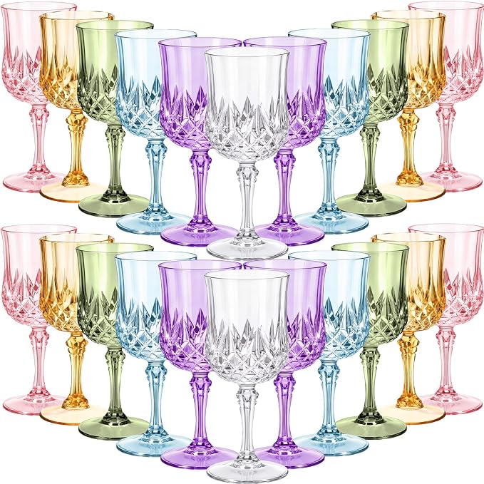 Sliner Multicolor 7oz Plastic Vintage Wine Glasses Drinking Goblets Unbreakable Crystal Water Glassware Reusable Diamond Champagne Flutes Cups for Wedding Banquet Birthday Party Supplies (48 Pcs) by Sliner