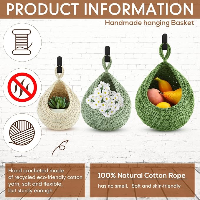 Honeydak Boho Decor Hanging Wall Baskets for Kitchen 3 Pack Teardrop Baskets with Hooks Storage Fruit Onion Vegetable Potato for Home - Image 3
