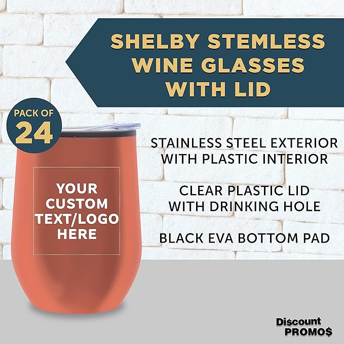Custom Stemless Wine Tumblers 12 oz. Set of 24, Personalized Bulk Pack - Insulated, Perfect for Wine, Cocktails, Other Hot & Cold Beverages - Rose Gold