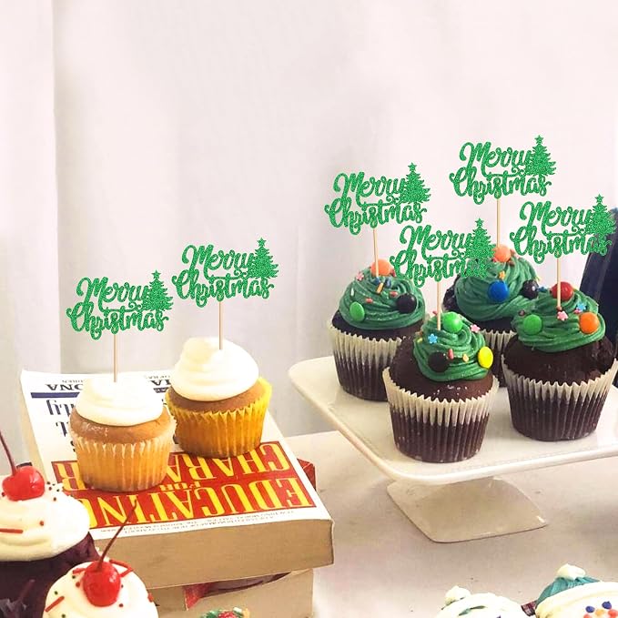 24 Pack Christmas Cupcake Toppers - Merry Christmas & Holiday Cupcake Picks - Boy Girl Baby Shower Birthday Party Cake Decorations - Green - Image 2
