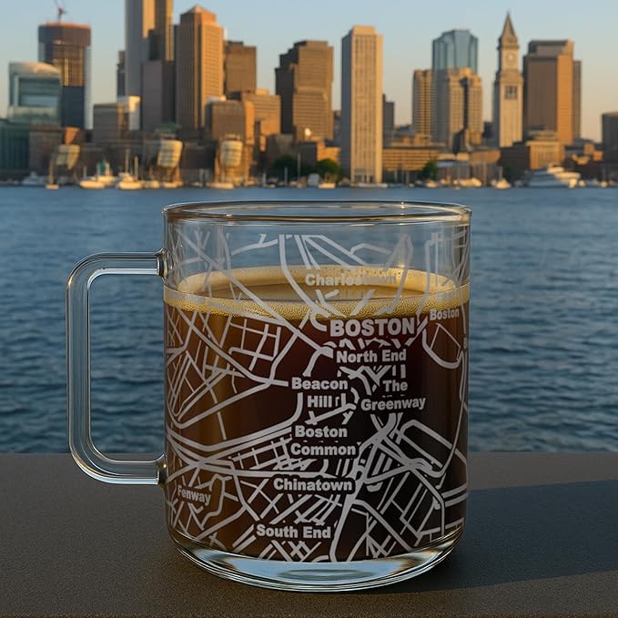 Greenline Goods – Boston, MA Map Glass Coffee Mugs (Set of 2), 16 oz – Etched Wrap Design