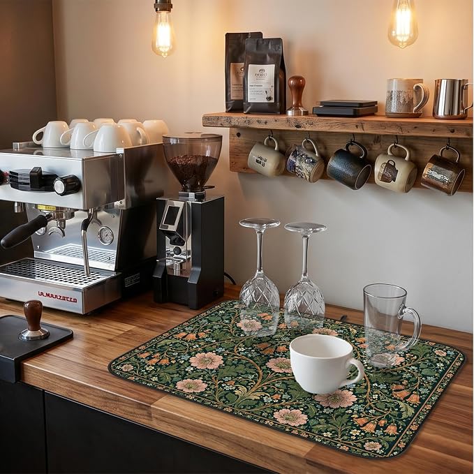 Vintage Floral Dish Drying Mat for Kitchen Counter Coffee Bar 18x24 in | Decorative Non Slip Absorbent Kitchen Dishes Drainer Mat, with Anti-slip Rubber Backing & Hanging Loop, for Sink, Home Gift - Image 7