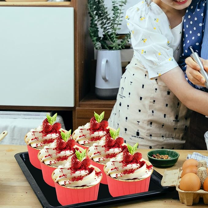 Large Cupcake Liners Baking Cups 50 Pack,LNYZQUS 5oz Foil Muffin Cups Muffin Tins,Disposable Ramekins Tins with Lids and Spoons,Cupcake Wrappers Holders for Wedding Bakery-Red in gold - Image 2