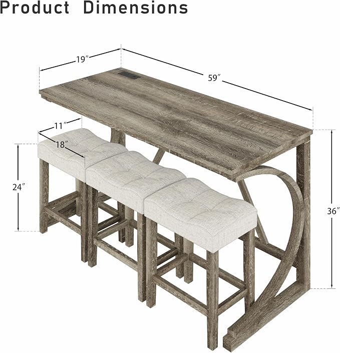 allamazing 4-Piece Counter High Bar Table Set with Socket and 3 Fabric Padded Bar Stools, Tall Kitchen Breakfast Nook with Stool (1+3 Natural) - Image 2