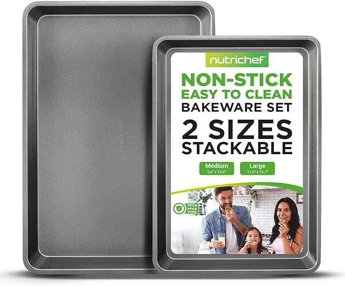 NutriChef 2-Piece Nonstick Cookie Sheet Baking Pan Set - Premium Bake Trays w/ Sleek Non-Stick Coating PFOA, PFOS, & PTFE Free - Large (15"x11") & Medium (13"x9") - Dishwasher Safe by NutriChef%E2%84%A2Kitchen