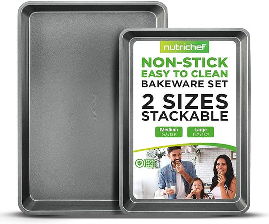 NutriChef 2-Piece Nonstick Cookie Sheet Baking Pan Set - Premium Bake Trays w/ Sleek Non-Stick Coating PFOA, PFOS, & PTFE Free - Large (15"x11") & Medium (13"x9") - Dishwasher Safe by NutriChef%E2%84%A2Kitchen