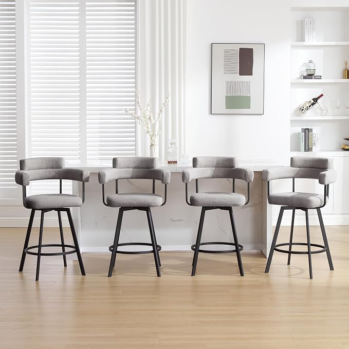 Flouki Swivel Bar Stools with Backs and Arms, Modern Bar Stools Set of 4 for Kitchen Island, 26" Upholstered Linen Counter Height Bar Stools for Kitchen Counter, Dining Room, Grey by Flouki