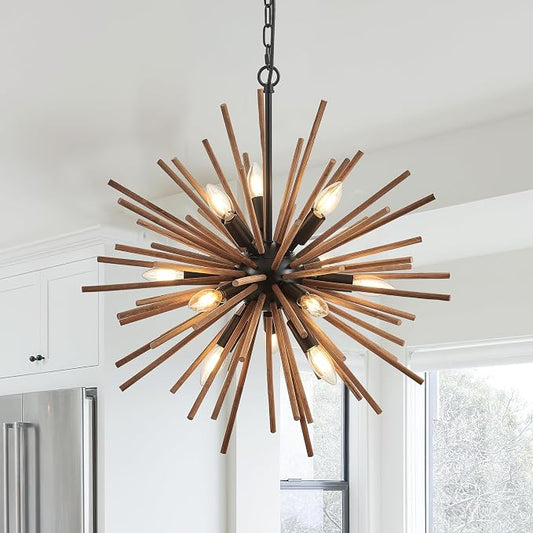 23.6" Farmhouse Sputnik Chandelier for Dining Room Rustic Handmade Natural Wood 12-Light Hanging Ceiling Pendant Light Fixture Starburst Wood Chandeliers for Kitchen Bedroom Foyer Hallway by Lighceac-ProfessionalLightingFixturesManufacturer