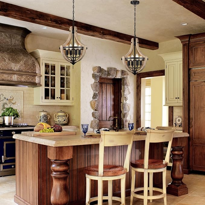 4-Light Farmhouse Dining Room Light Fixture, Adjustable Height Hanging Wood Vintage Pendant Lights for Kitchen Island Hallway Foyer Entryway Breakfast Area Bedroom - Image 3