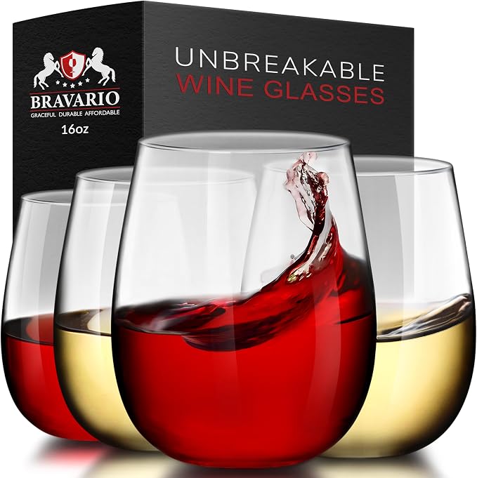 Bravario Unbreakable Stemless Plastic Wine Glasses | Reusable | Shatterproof 100% Tritan Plastic | Dishwasher-Safe | BPA-free | Awesome for Indoor & Outdoor | 16 oz, Set of 4 by Bravario