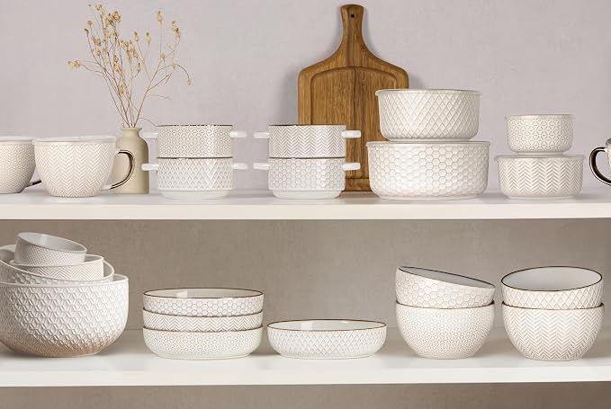 KooK Serving Bowls, with Lids, Ceramic Nesting Bowls, Set of 4, Embossed, Kitchen, Prep, Stackable, Gift, Microwave and Dishwasher Safe, 10/16/29/47 oz, Narbonne Collection (Ivory) - Image 5
