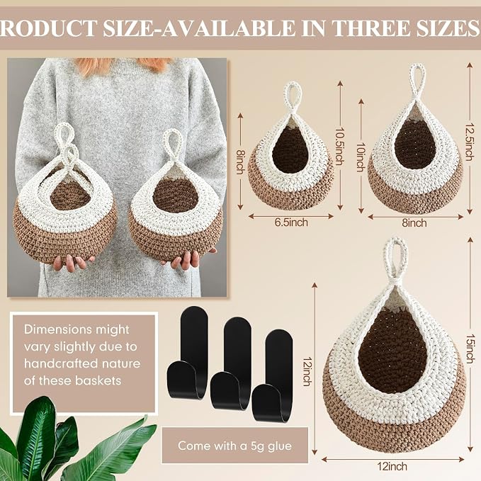 Honeydak Boho Decor Hanging Wall Baskets for Kitchen 3 Pack Teardrop Baskets with Hooks Storage Fruit Onion Vegetable Potato for Home 3 Sizes(White with Light Linen,Teardrop,Cotton Rope) - Image 2