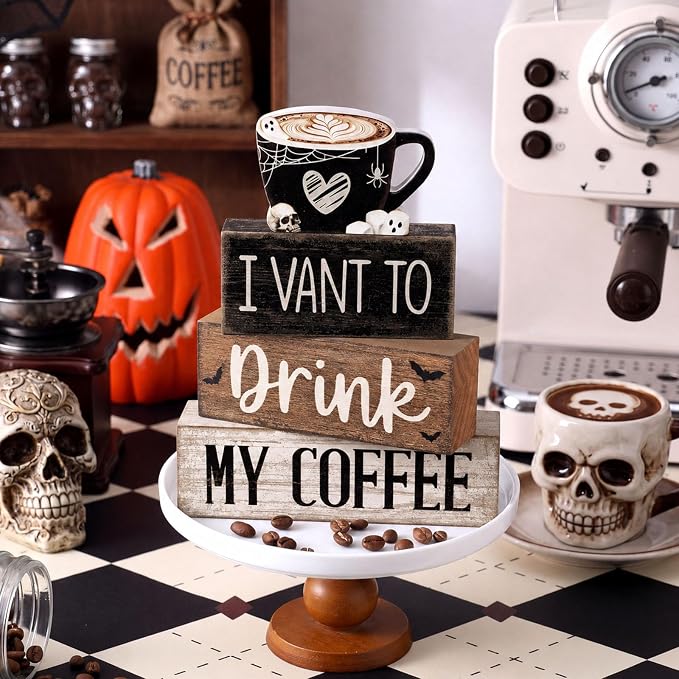 Moucuny 4 Pcs Halloween Table Decorations Spooky Coffee Wooden Stacked Block Decor, "I Vant to Drink My Coffee" Signs with Ghost Mug Topper, Halloween Tiered Tray Decor for Home Office Kitchen Bar - Image 4