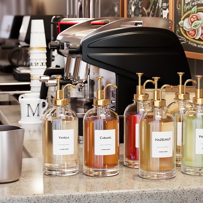 16.9 oz/500 ml Coffee Syrup Dispenser Set - 6 Glass Bottles with Gold Pumper and Syrup Labels - Precise Dispensing and Stylish Addition to Coffee Shop, Cafe or Home Bar - Image 4