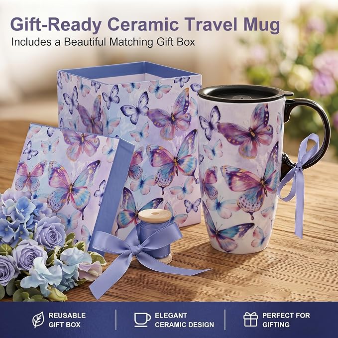 Topadorn Set of 2 Ceramic Travel Mugs with Lids, Coffee Mug | Butterfly & Hydrangea Mug Gift Set, 17oz Floral Coffee Cups, Microwave & Dishwasher Safe, Gift Box Included - Image 4