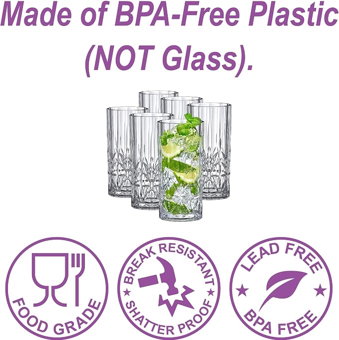 Amazing Abby - Vika - 18-Ounce Plastic Highball Glasses (Set of 6), Plastic Cocktail Glasses, Reusable, BPA-Free, Shatter-Proof, Dishwasher-Safe, Perfect for Poolside, Outdoors, Camping, and More - Image 2