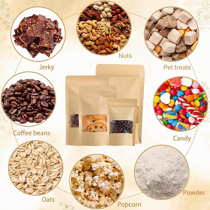Wsicse 100 Pcs Kraft Stand Up Pouches With Window, 4 Sizes, Brown | Resealable Zipper, Heat-Sealable Cpp Lining, Moisture Resistant, Clear Window, 25 Bags Per Size For Snacks And Baked Goods - Image 5