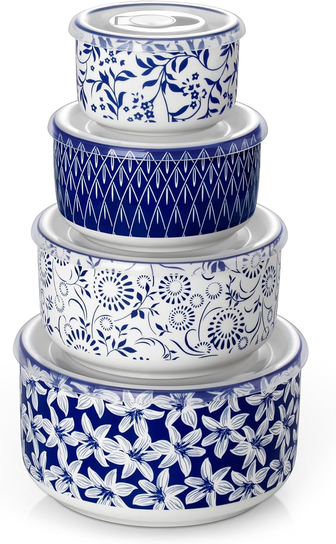 vancasso Ceramic Nesting Bowls with Lids Set of 4, Serving Bowls for Food Storage, Prep Bowl, Ceramic Bowl for Kitchen, Microwave & Dishwasher Safe, 60+36+20+10 Oz, Series SELENE by vancasso