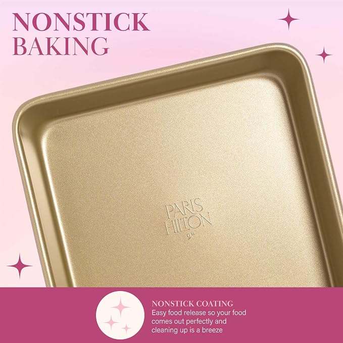 Paris Hilton Nonstick Carbon Steel Bakeware Collection, 9-Inch Square Cake Pan, Dishwasher Safe, Made without PFOA and PFAS, Pink Champagne Two-Tone - Image 3