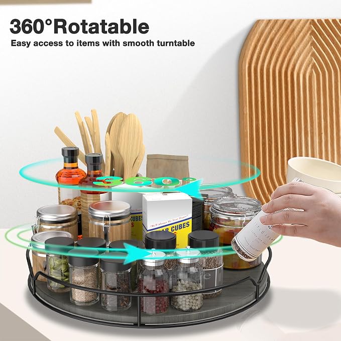 Lazy Susan Turntable Organizer with Anti-Slip Mat for Cabinet Pantry Kitchen Countertop Refrigerator Office, Pine Wood, 12", Grey… - Image 2