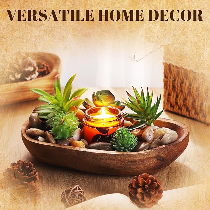 2 Pcs Wooden Dough Bowls for Decor Oblong Decorative Bowl Home Decor Fruit Vessel for Kitchen Counter Rustic Carved Serving Container Long Wooden Bread Tray for Dining Room Table(10 x 6 x 2 Inch)