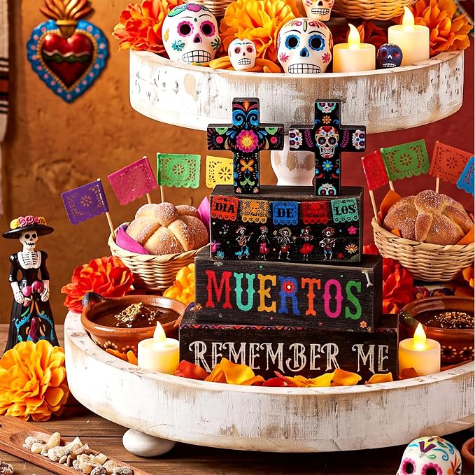 Moucuny 4 Pcs Day of the Dead Table Decorations Day of the Dead Cross Centerpiece for Table Dia De Los Muertos Tiered Tray Decor Wood Sugar Skull Block Signs for Halloween Party Home Shelf Decoration - Image 2