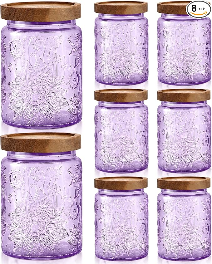 LemonRoad 8 Pcs Vintage Purple Glass Storage Jars 23.67 oz Candy Jar Canister with Solid Wood Lids Food Storage Container for Kitchen, Ground Coffee, Tea, Sugar, Decorative Mason Cookie Jar by Unknown