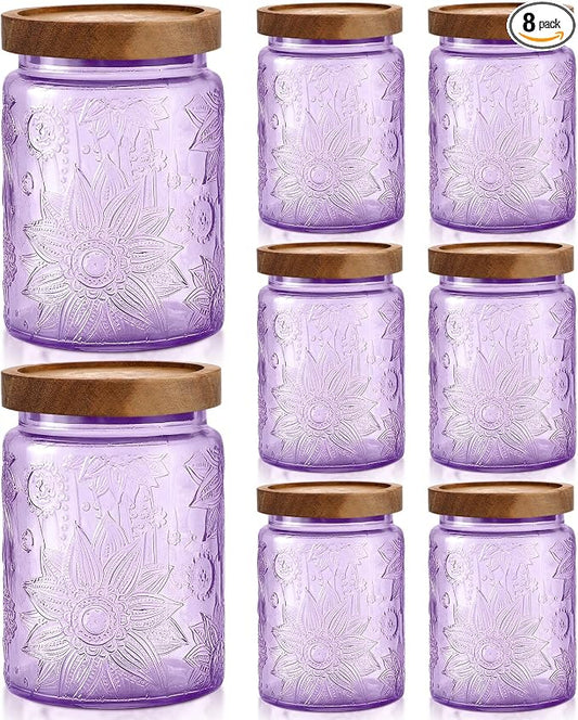 LemonRoad 8 Pcs Vintage Purple Glass Storage Jars 23.67 oz Candy Jar Canister with Solid Wood Lids Food Storage Container for Kitchen, Ground Coffee, Tea, Sugar, Decorative Mason Cookie Jar by Unknown