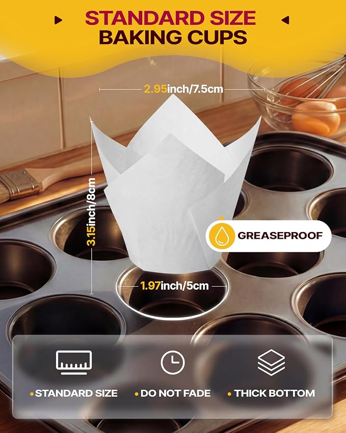 Katbite Tulip Cupcake Liners 200PCS, Muffin Baking Cups Holders | Unbleached Greaseproof Food-Grade PFAS-Free 40 GSM No Fade Thick Bottom Cupcake Wrapper for Party, Wedding, Birthday - Image 2