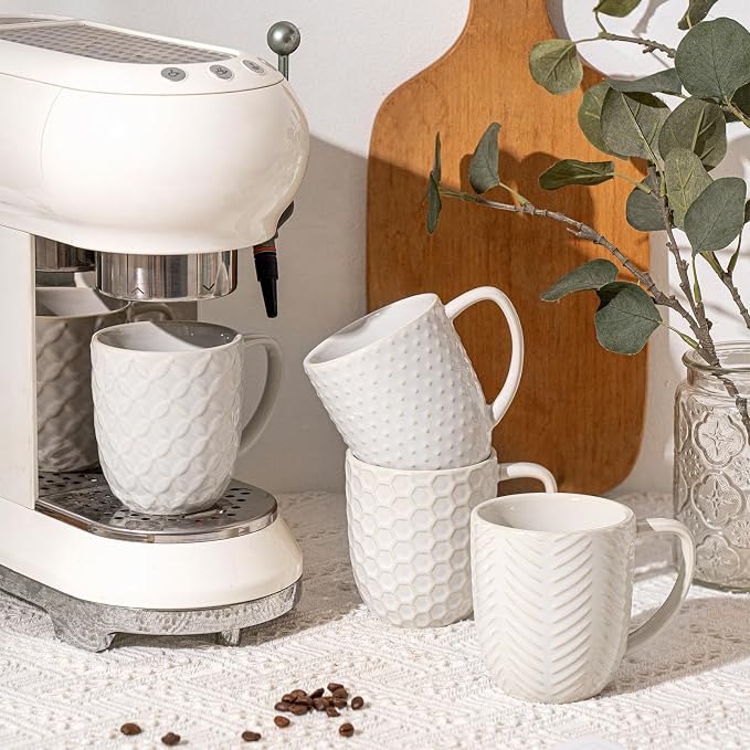 FOBENTA Ceramic Coffee Mugs Set of 4, 12oz Embossed Cups with Elegant Patterns – A Thoughtful Gift for Women, Mom, or Friends,Perfect for Tea, Latte, Cocoa (Arctic White, 12 OZ) by FOBENTA
