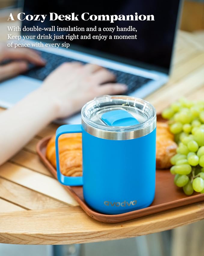 12oz Insulated Coffee Mug with Lid – Includes Two Lids, Stainless Steel Coffee Travel Mug with Handle, Double Wall Vacuum Insulated Camping Mug for Home, Office & Outdoor, Sapphire Blue - Image 5