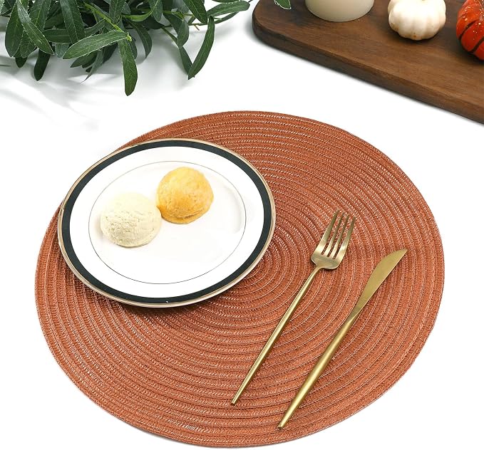 SHACOS Round Placemats Set of 8 Washable 15 inch Round Placemat Cotton Polyester Woven Braided Table Place Mats for Dining Table Wedding Party Decor, Dark Orange - Image 9