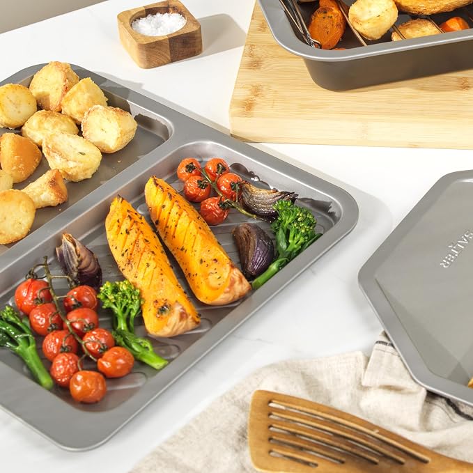 Salter Essentials Split Baking Tray, Rectangular Non-Stick Oven Tray | Carbon Steel Construction, Dishwasher Safe, PFOA-Free Coating, Made In The UK, For Chips And Pastries, 1 Tray - Image 5
