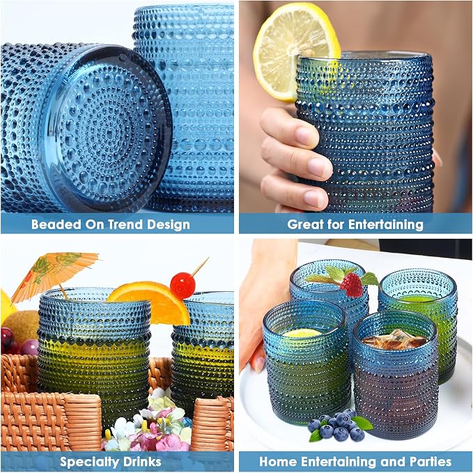 KMIGRUAN Hobnail Drinking Glasses Set of 6,12oz Blue Vintage Glassware,Cocktail Glasses,Embossed Glass Cups,Water Tumbler for Whiskey, Juice and Various Mixed Drinks - Image 3
