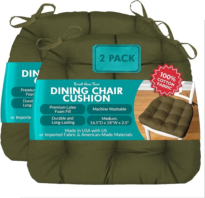 Barnett Home Decor Dining Chair Cushions with Ties – Size Medium 16.5 x 18 - Latex Foam Fill, 100% Cotton, Chair Pads for Kitchen Chairs, Made in USA (Cotton Duck Boxwood Dark Sage Green/Pack of 2) by BarnettHomeDecor