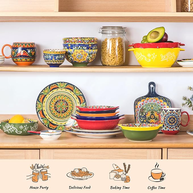 Henten Home Ceramic Pasta Bowls with Handle, Boho Salad Bowl Set of 6 | 25 oz for Cereal, Soup, Serving, Large Colorful Shallow Design, Microwave & Dishwasher Safe - Image 5