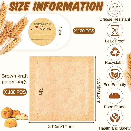 Outus 100 Pcs Cookie Packaging Bags with Seal, 3 x 3 Inch Bakery Pastry Bags with Window, Heat Sealable Grease Resistant Paper to Go Bake Sleeves for Gift Giving Donut Bread Sandwich (Brown) - Image 2