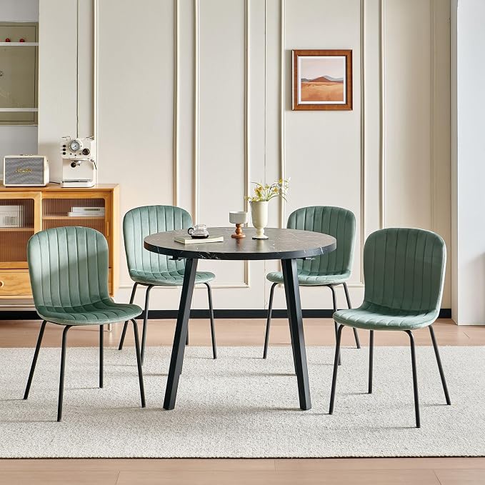 Small Round Dining Table Set for 4 People, 37" Modern Kitchen Table | 5-Piece Set, Faux Black Marble MDF table, 4 Green Velvet Chairs, Easy Assembly, Space-saving, Fits Small Dining Room - Image 5