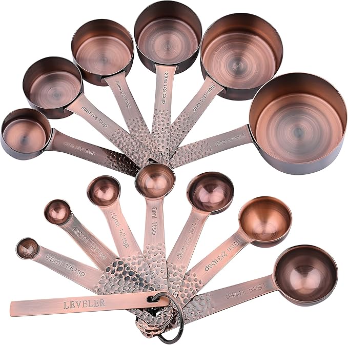 Smithcraft Measuring Cups and Spoons Set 14, Copper Measuring Cups and Spoons Set for Dry & Liquid, Metric & US Stainless Steel 6 Measure Cups and 7 Spoons Set w/Leveler for Kitchen & Baking